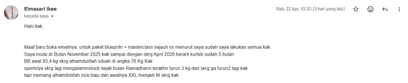 Ike, 43 thn — turun 17,4 kg, ukuran baju XXL ke M