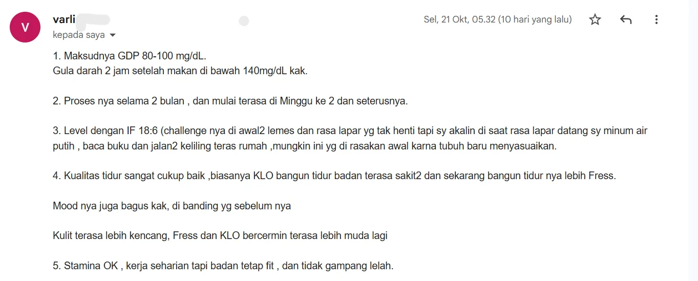 Varli detailed report: IF 18:6, tidur nyenyak, badan makin enteng, skin firmer, looks younger, stamina OK